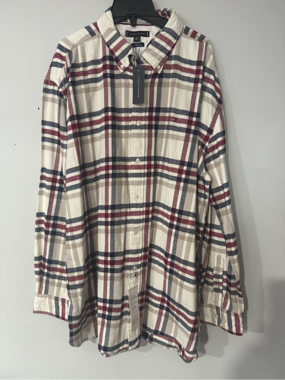 Tommy Hilfiger Men's Cream Plaid Button-Down Shirt with Navy & Burgundy Stripes